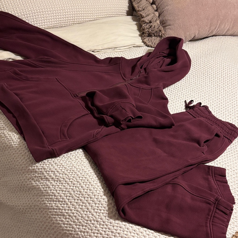 CRZ Yoga Maroon Quarter-Zip Hoodie and Jogger Two Piece Set